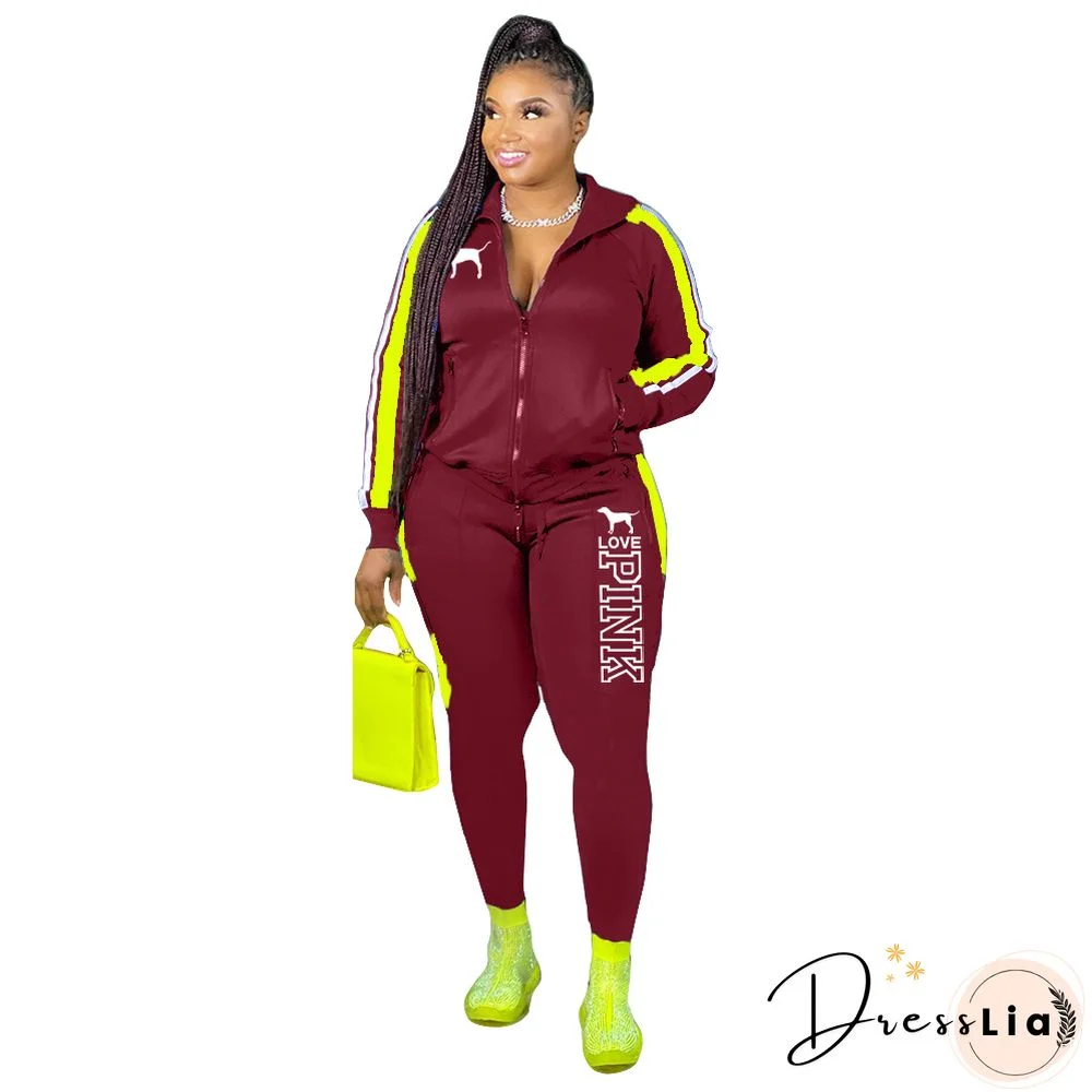 Plus Size Zipper Jacket Tops Sporty Pants Two Piece Set