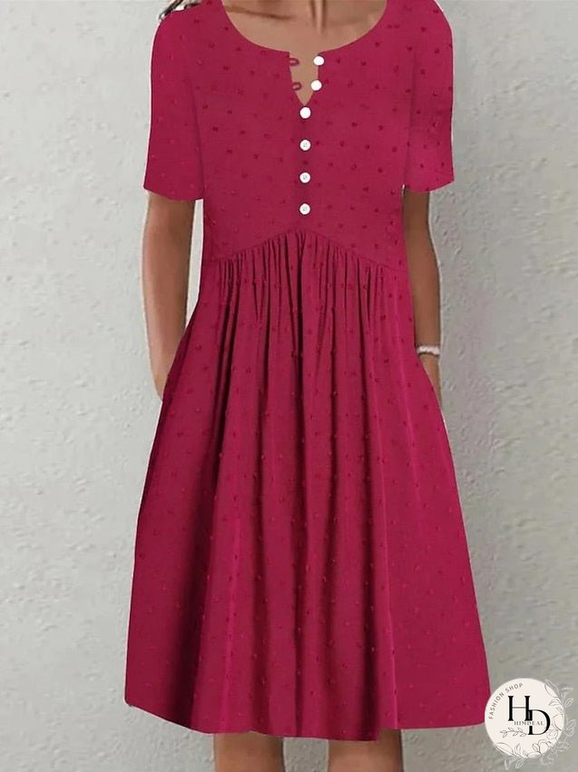 Casual Dress Summer Dress Midi Dress Button Pocket Outdoor Daily Date Fashion Basic Crew Neck Short Sleeve Regular Fit Red Color S M L XL XXL Size for Women
