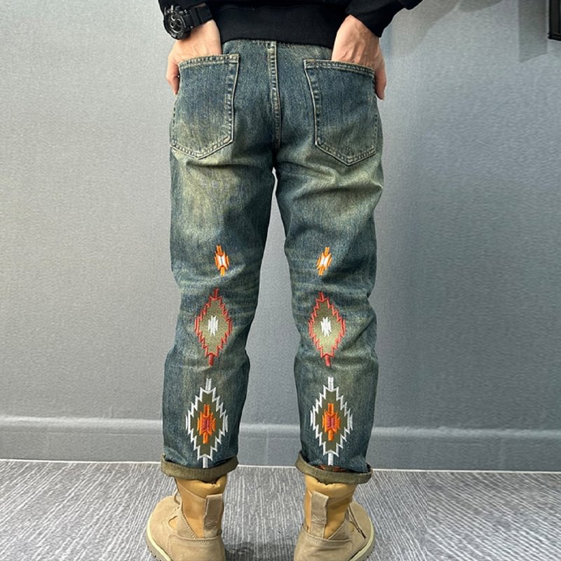 Retro Embroidery Distressed Denim Loose Straight Fit Pants