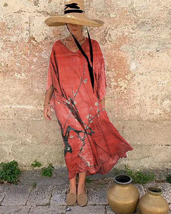 Holiday Plum Blossom Print Loose Dress