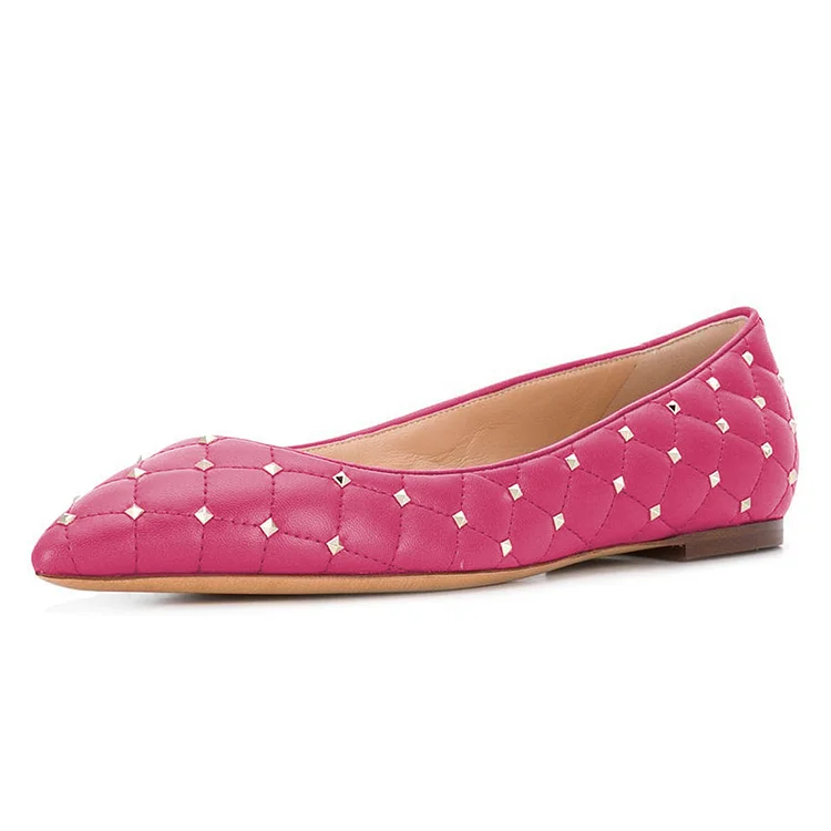Hot Pink Quilted Studs Shoes Pointy Toe Comfortable Flats |FSJ Shoes