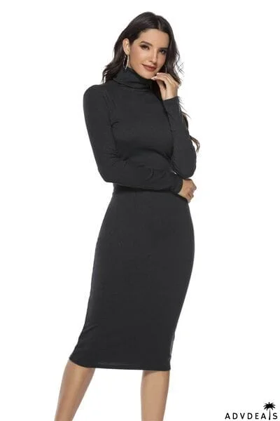 Ribbed Turtleneck Long Sleeve Dress