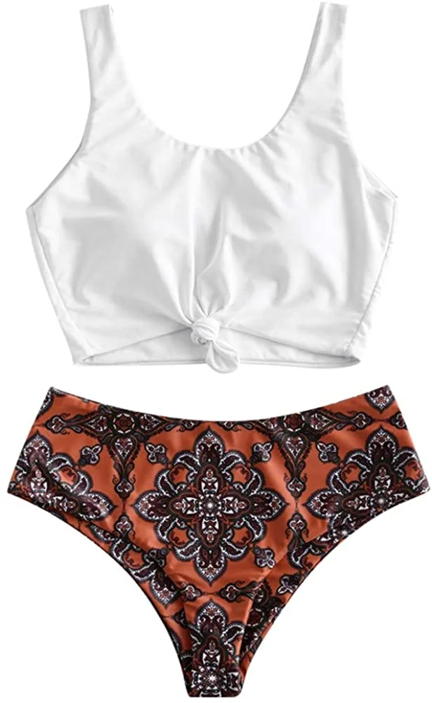 Women's High Waisted Bikini Scoop Neck Swimsuit Two Pieces Bathing Suit