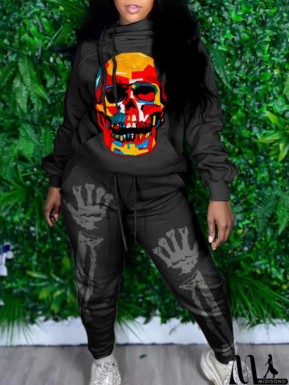 MidiSono - New Autumn Skull Halloween Thick Print Hat Long Suit