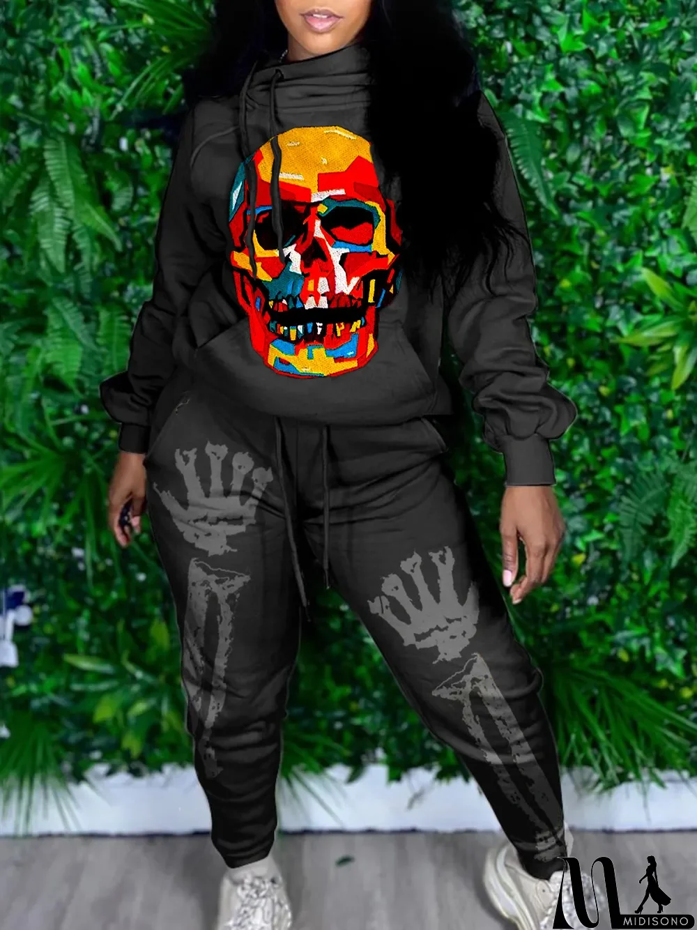 MidiSono - New Autumn Skull Halloween Thick Print Hat Long Suit