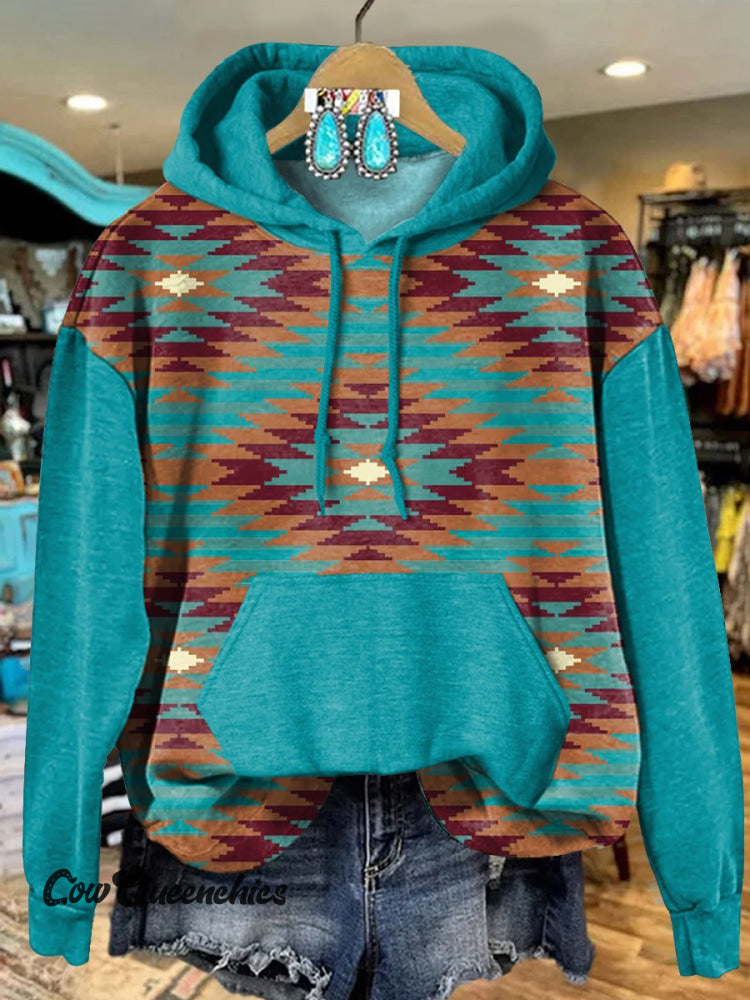Turquoise Vintage Aztec Print Hoodie Casual Sweatshirt Multicolor / S