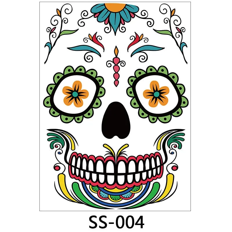 Halloween Temporary Face Tattoos, 1 Sheets Floral Day of the Dead Sugar Skull Face Tattoo Kit Halloween Tattoos