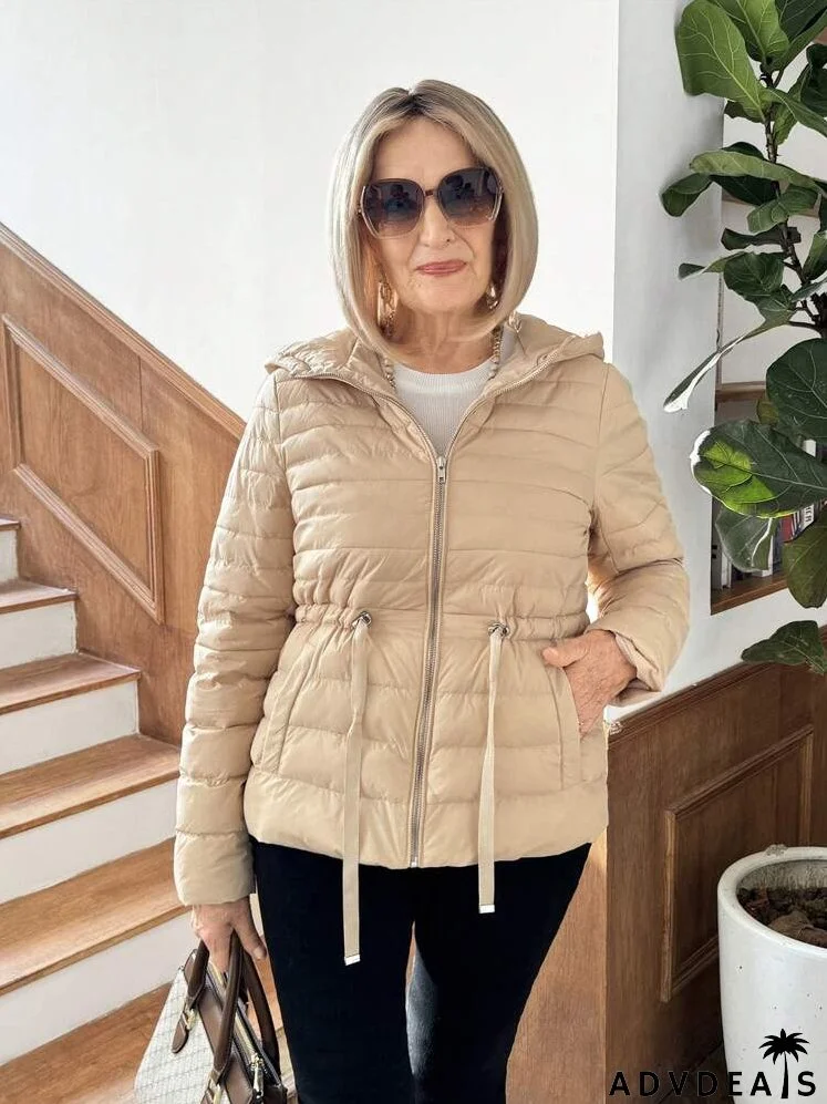 Women's Solid Color Front Zipper Long Sleeve Pocket Design Minimalist Casual Hooded Padded Coat