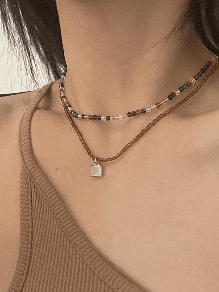 Brownm 2pcs Y2K Beaded Necklace