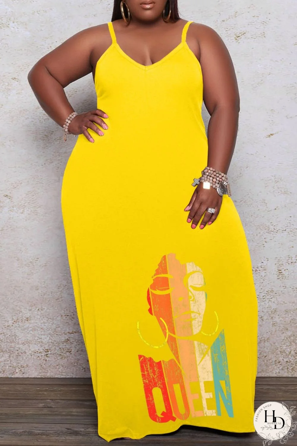 Yellow Sexy Casual Print Backless Spaghetti Strap Long Dress Plus Size Dresses