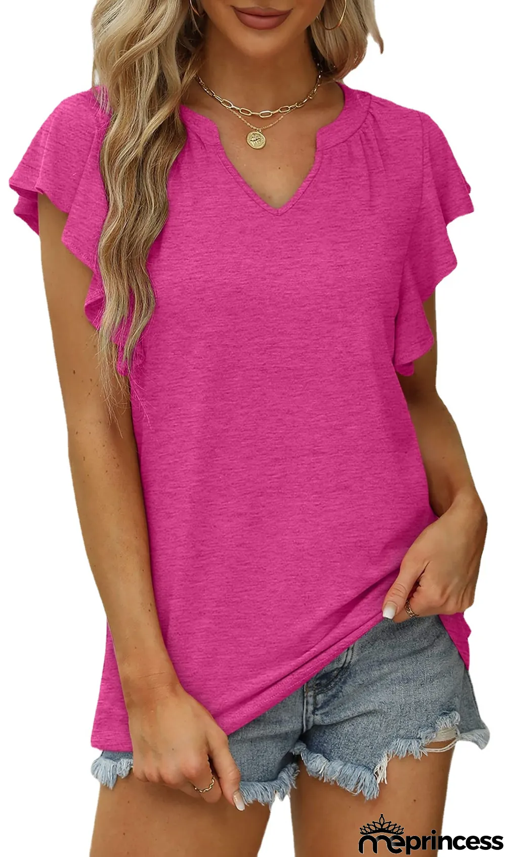 Summer Sexy V-Neck Ruffled Solid Color Short-Sleeved T-Shirt
