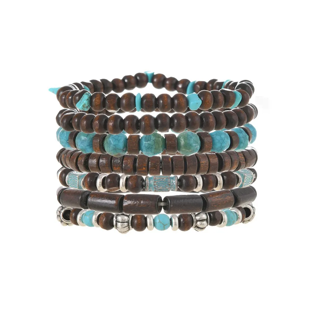 Men's Vintage Turquoise Stone Multi-layered Wood Bead Bracelet-INSPIREUSE