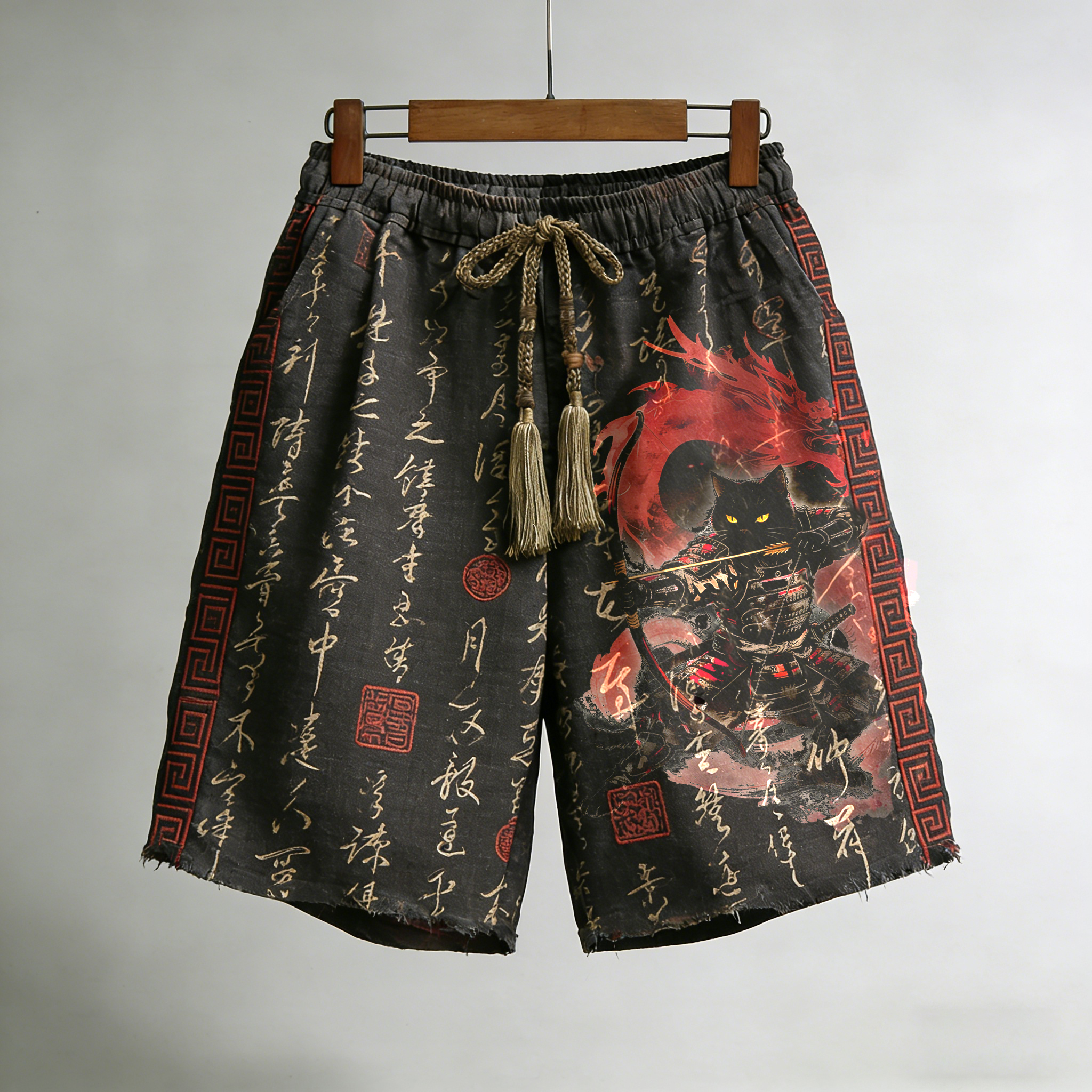 Men's Black Cat Samurai And Calligraphy Pattern Linen Blend Shorts elevenforest