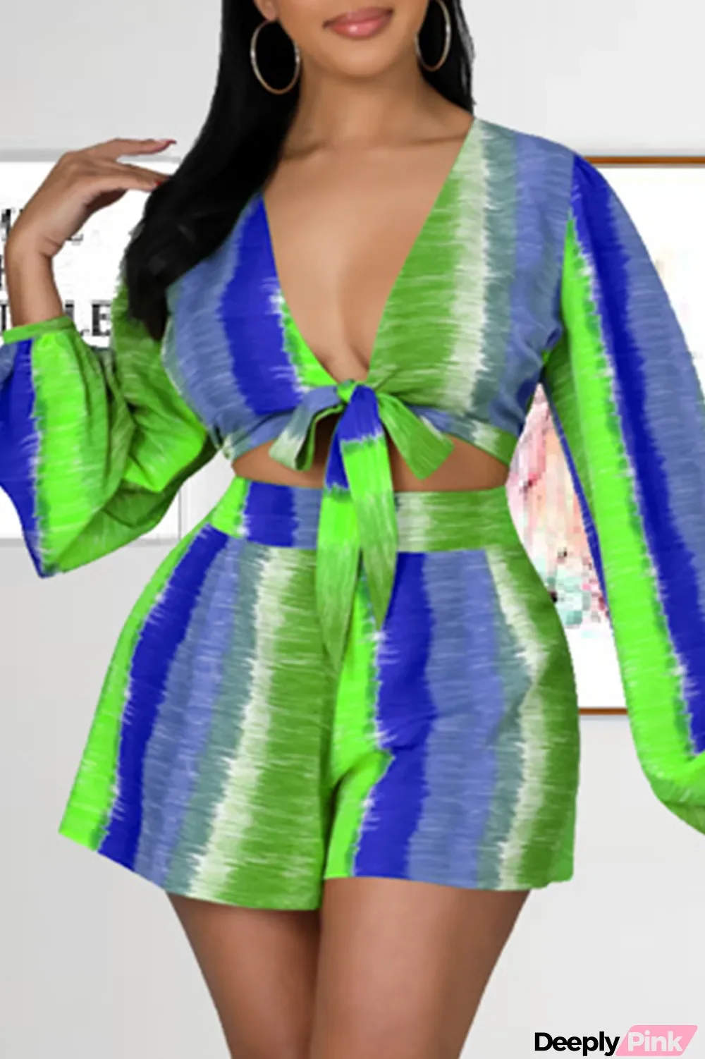 Turquoise Casual Print Split Joint V Neck Long Sleeve Two Pieces
