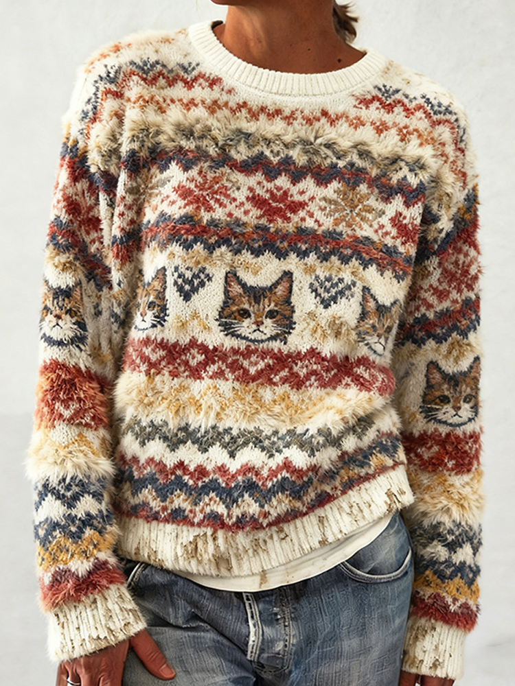 Retro Cat Tippet Fair Isle Knitted Fuzzy Crew Neck Sweater elevenforest