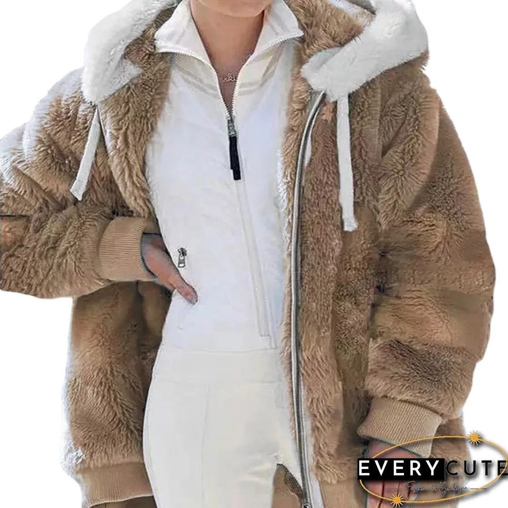 Khaki Fluffy Plush Zipper Hoodie Coat