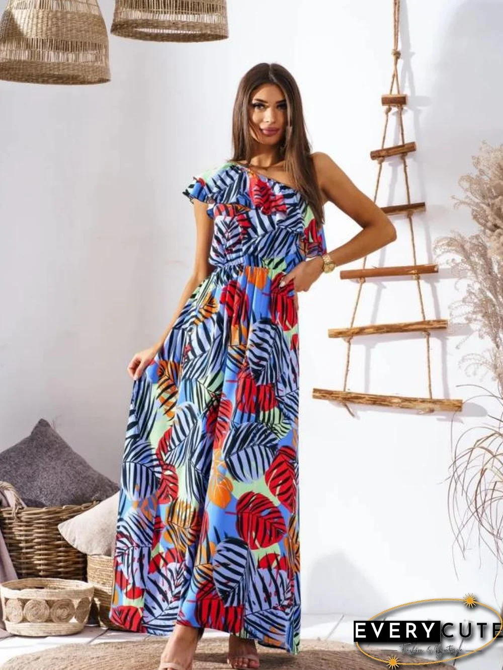 One Shoulder Wrap Waist Maxi Dress