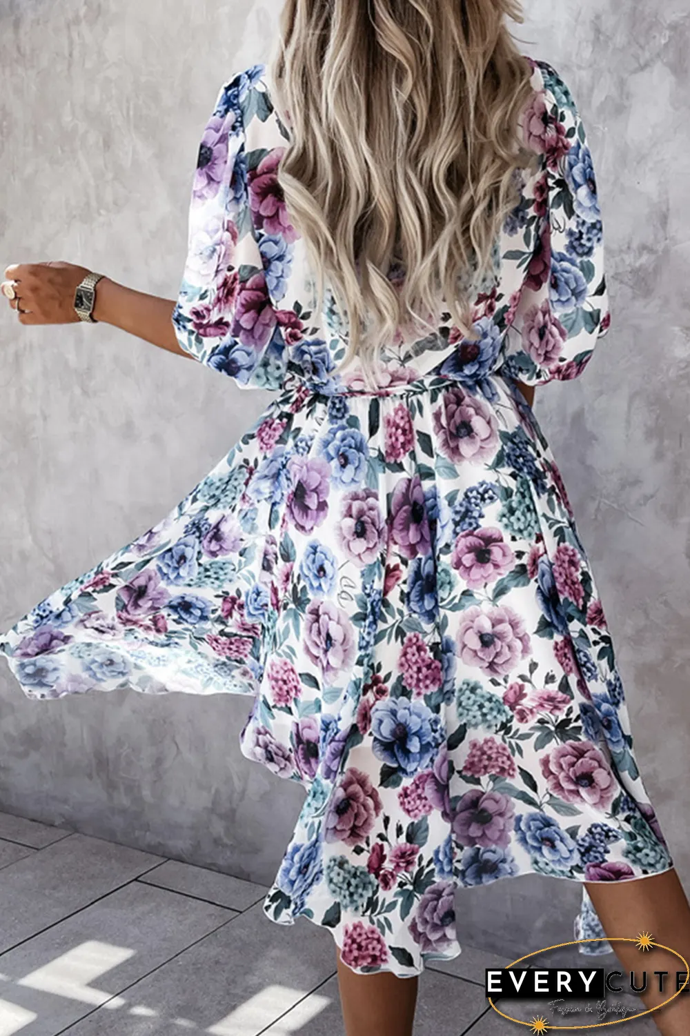 Fashion Elegant Floral Buckle With Belt V Neck Irregular Dress Dresses