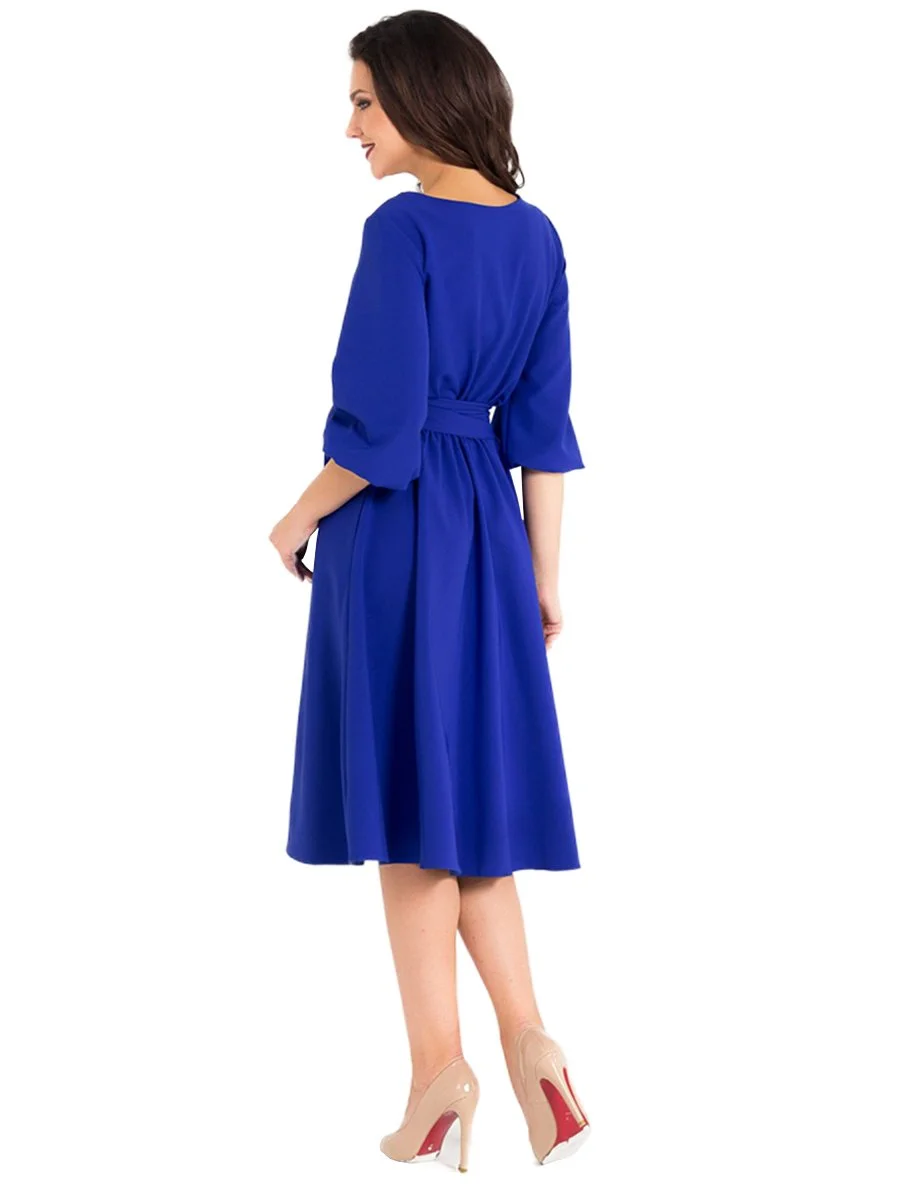 O-Neck Knee-Length Dress Pocket Sashes Lantern Half Sleeve Dress