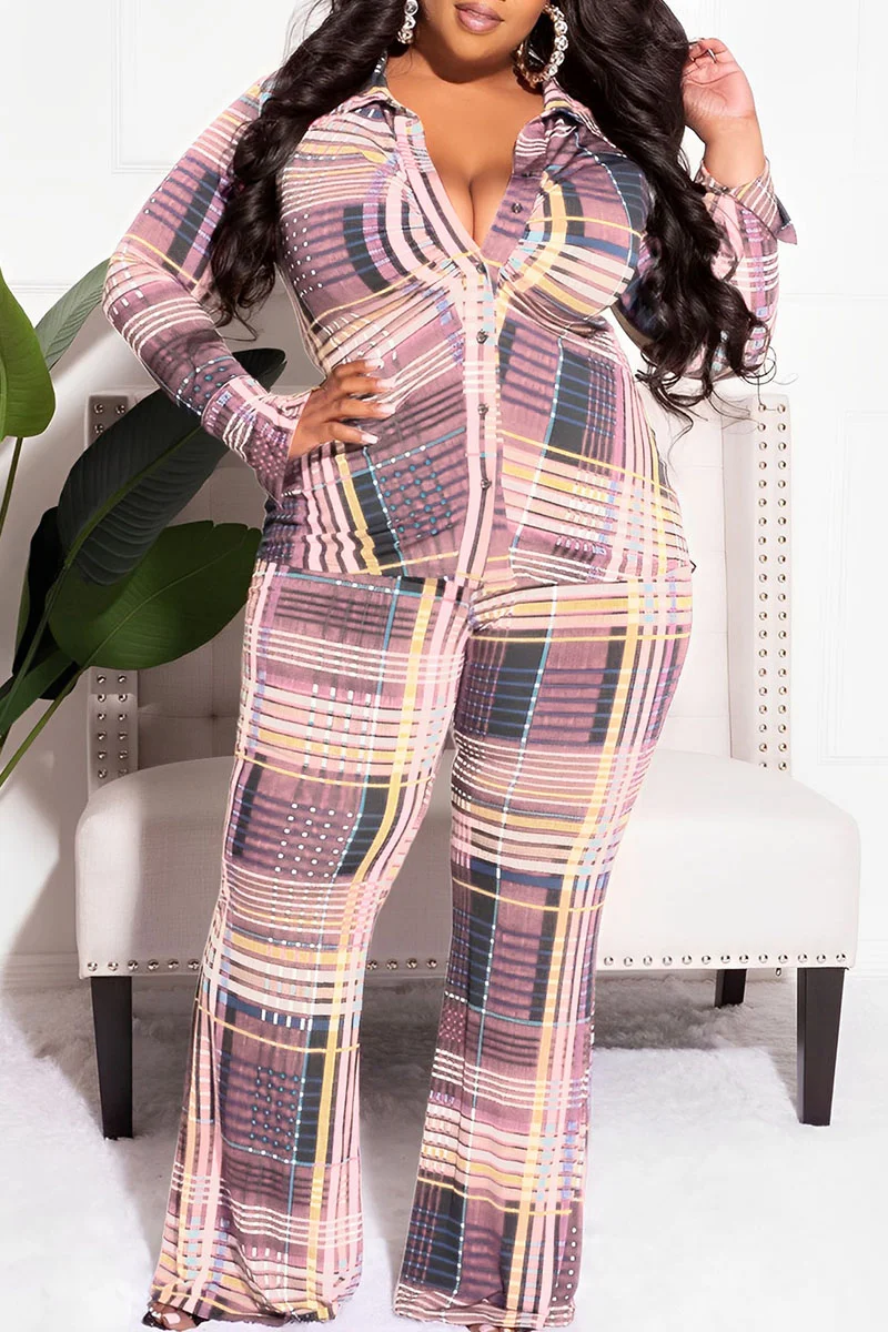 Pink Casual Plaid Print Patchwork Buckle Turndown Collar Plus Size Two Pieces | EGEMISS