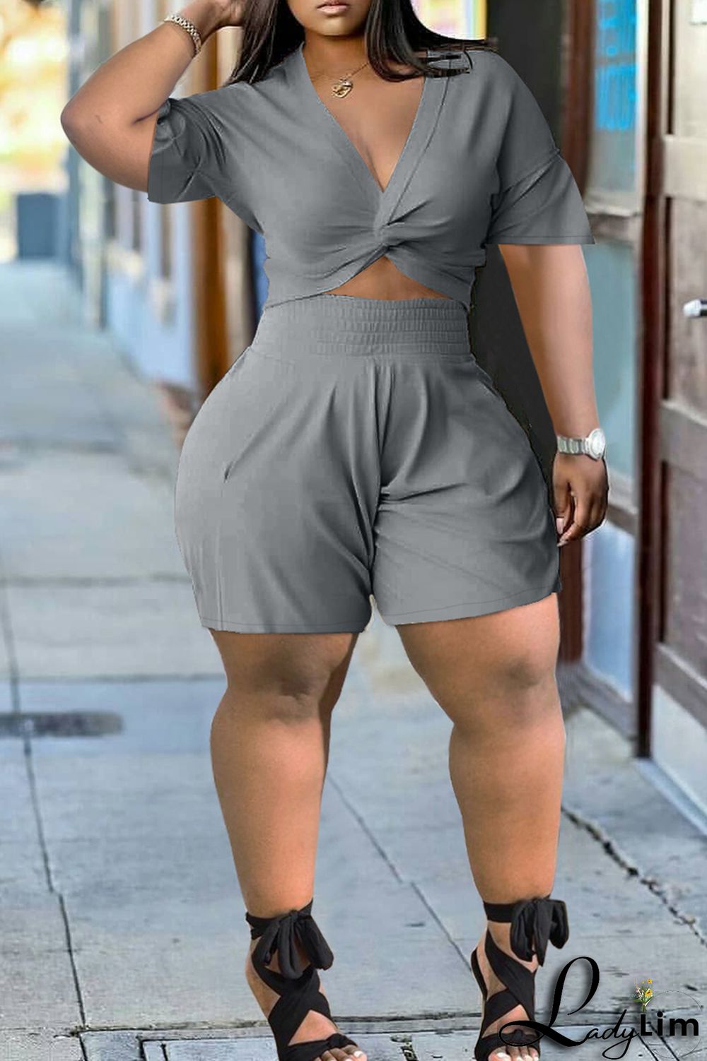 Grey Fashion Casual Solid Basic V Neck Short Sleeve Two Pieces