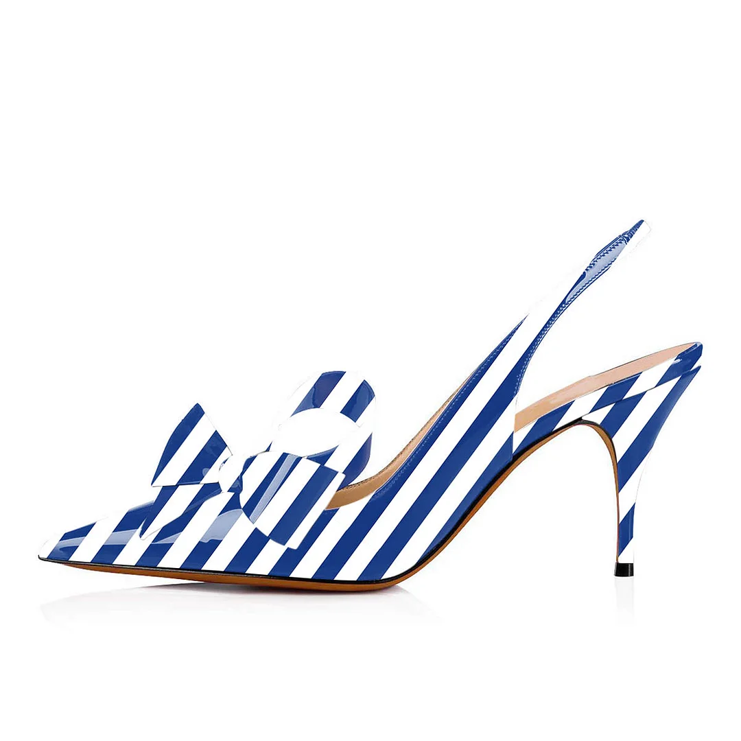 Blue & White Stripes Patent Leather Pointed Toe Bow Slingback Heels