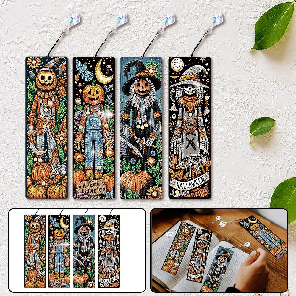 4Pcs Halloween Pumpkin Skull Themed DIY Diamond Painting Bookmark for Book Lover