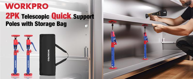 Product Introduction of #BacktoSchool WORKPRO Cabinet Jack Support Pole. Steel Telescopic Quick Support Rod Adjustable 3rd Hand Support System with 154 lbs Capacity for Cabinet Jack. Drywall Jack& Cargo Bars. 2-Pack 1