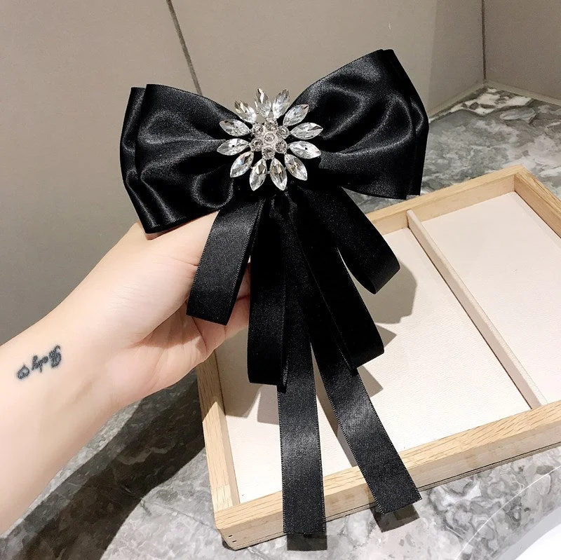 New Exaggerated Big Bow Tie Crystal Satin Collars Flower Long Ribbon Pins Fashion Women's Jewelry Gift