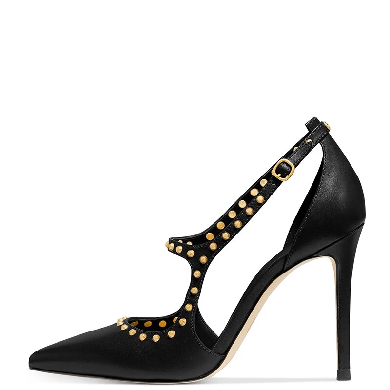 TAAFO Black High Thin Heels Studded Strap Woman's Pumps Pointed Toe Ladies Party Buckle Shoes