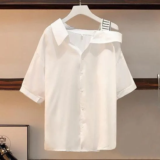 Cute Casual Irregular of the Shoulder White Shirt and Denim Shorts Set ...