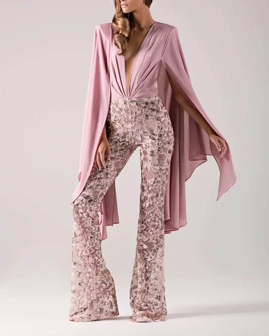 Pink Embroidered Panel Cape Jumpsuit