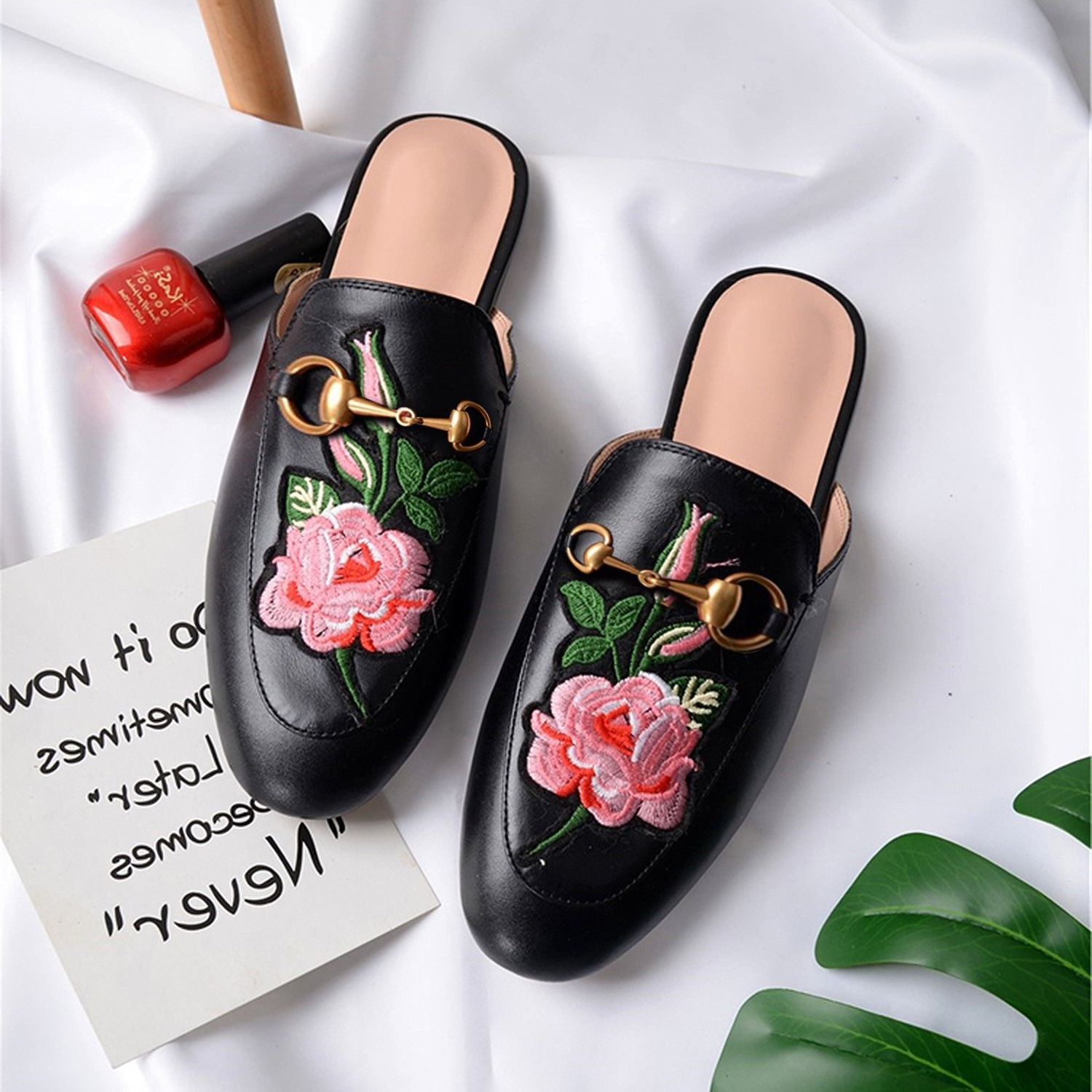 Black Rose Toe Flats with Metal Buckle Mules Shoes-vocosishoes