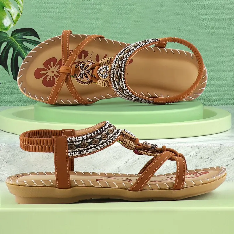 2021 new Women sandal Rhinestone printing sandals Women Summer shoes Vintage crystal Elastic band Sandals ladies Female shoes