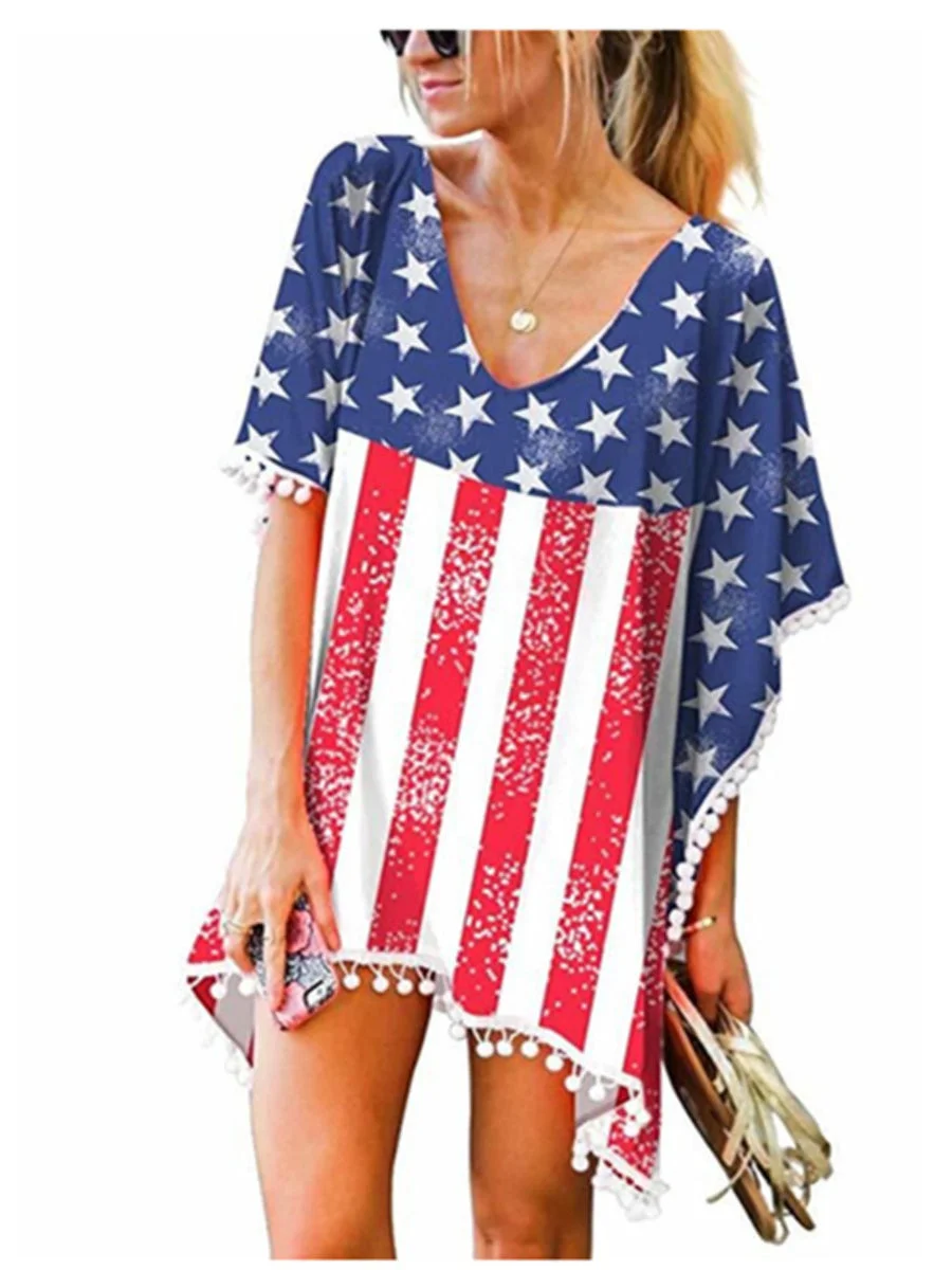 American Flag Print Shirt Women's Fringed Small White Ball V Neck Blouse