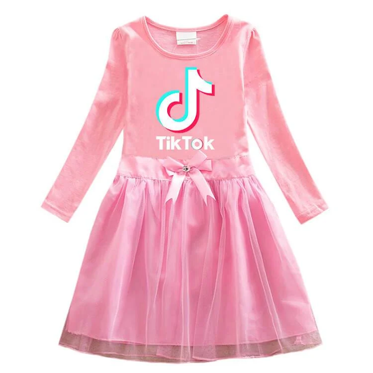 Tik Tok Print Girls Long Sleeve Cotton Tulle Dress Multi-Colors-Mayoulove