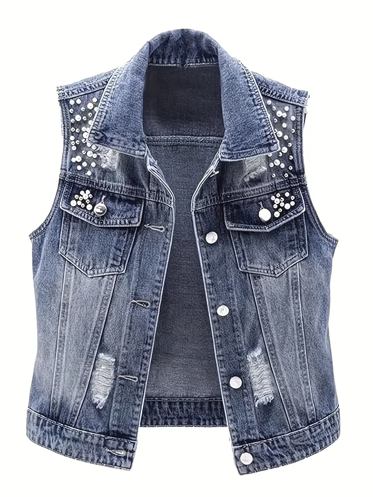 Women's Cropped Sleeveless Denim Vest With Pearl Accents - Casual Button-Front Jacket, Medium Stretch Machine-Washable H-Line Fit For Spring Summer Fall Outing