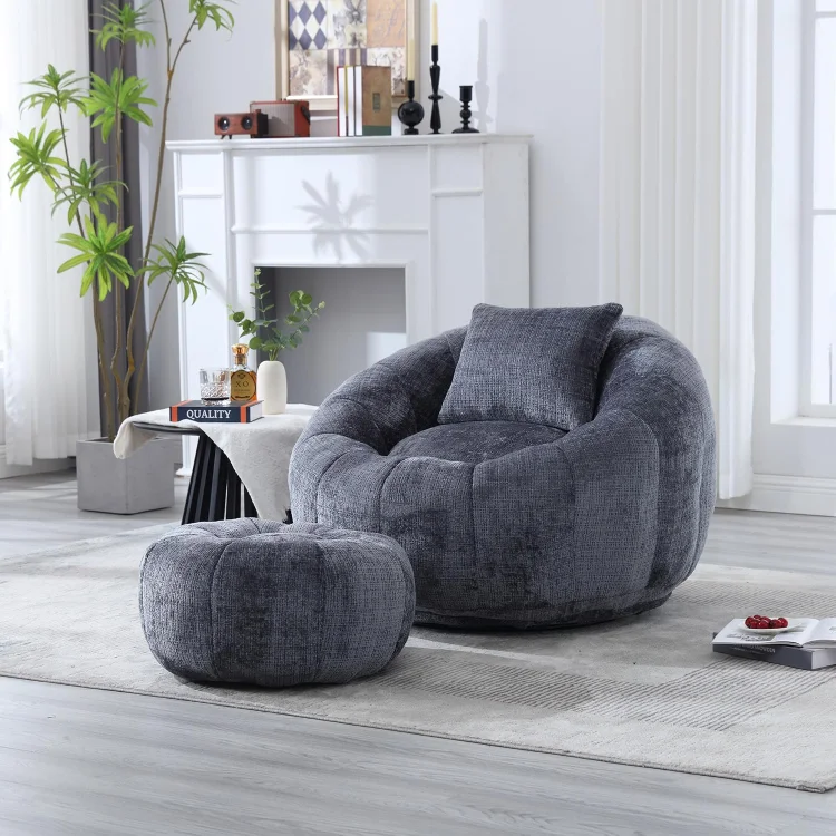 Modern Bean Bag Chairs, Comfy Round Chair for Adults with Ottoman, Leisure Single Sofa Reading Chair with Pillow for Living Room