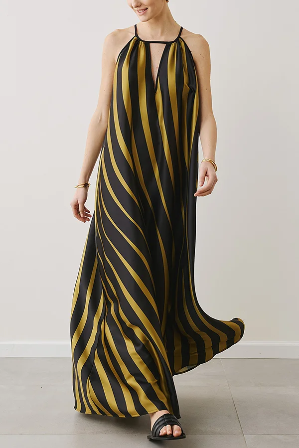 Striped Print V-Neck Loose Beach Vacation Maxi Dress