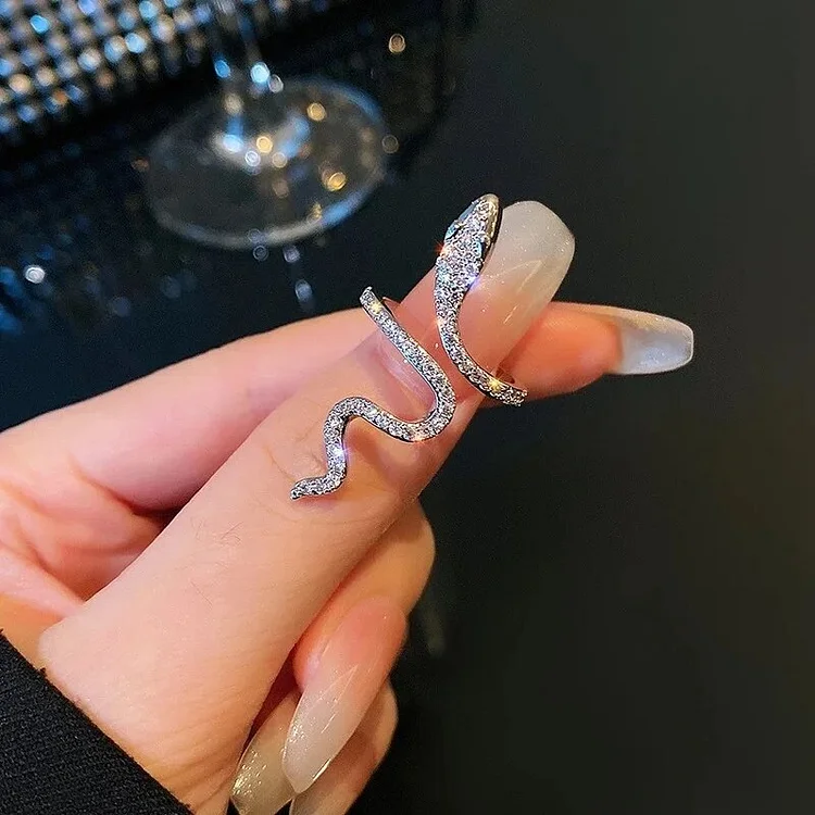 Rhinestone Snake Open Ring for Women Sliver Color Index Finger Rings Temperament Female Party Wedding Statement Jewelry Gifts