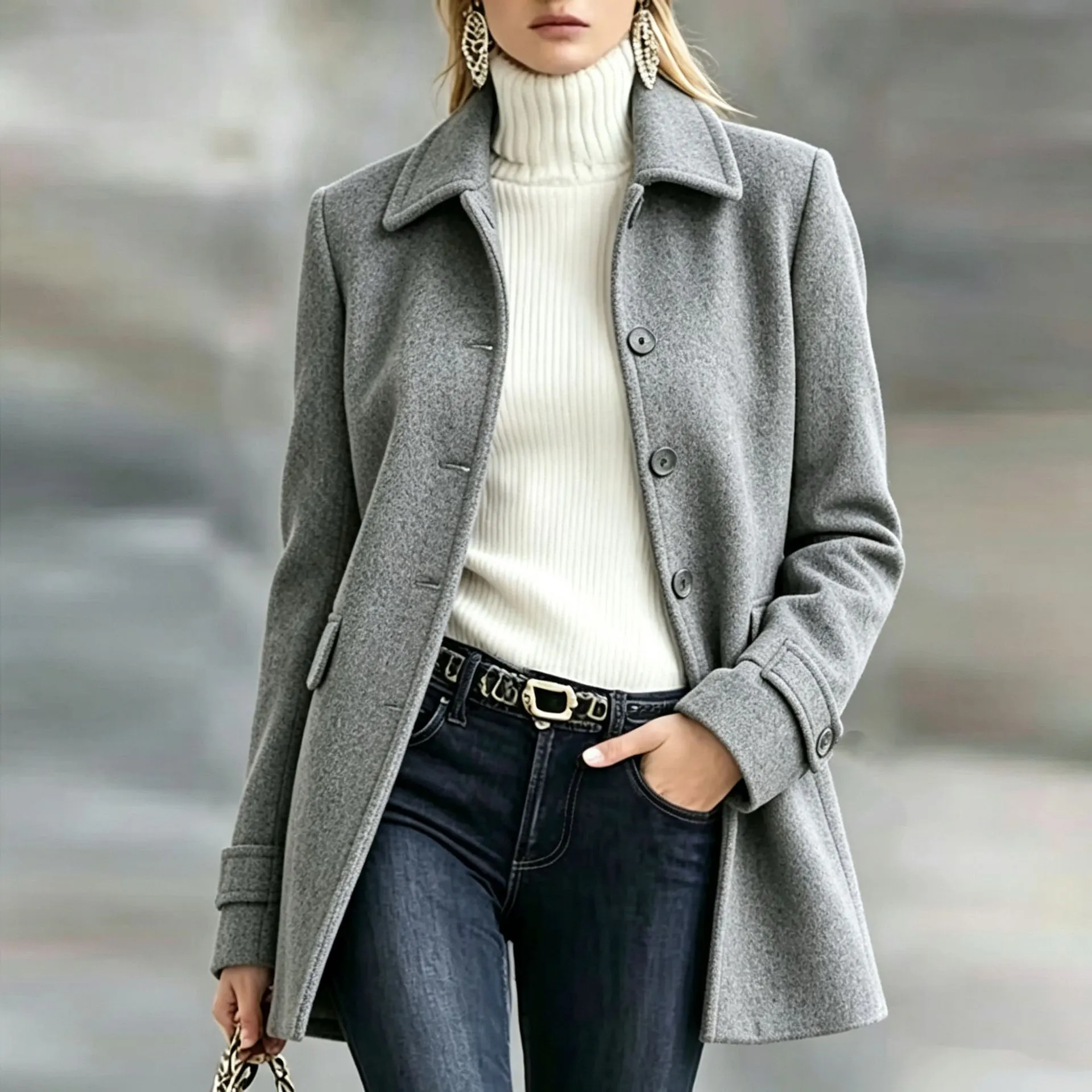 Women Lapel Single Breasted Wool Blend Coat