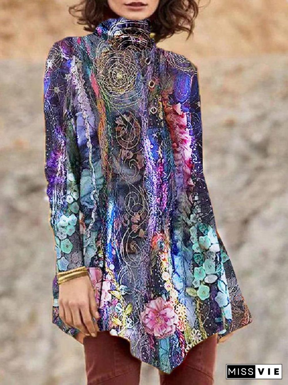 Ladies'Turtle Neck Long Sleeve Floral Printed Colorblock TOP