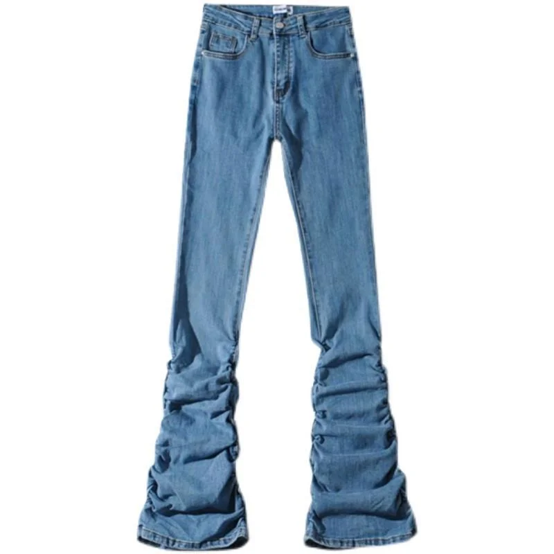Budgetg Wait Stacked Denim Pants Women Spring Summer 2022 Skinny Stretchy Ruched Blue Mujer Jeans Trousers Bottoms Streetwear