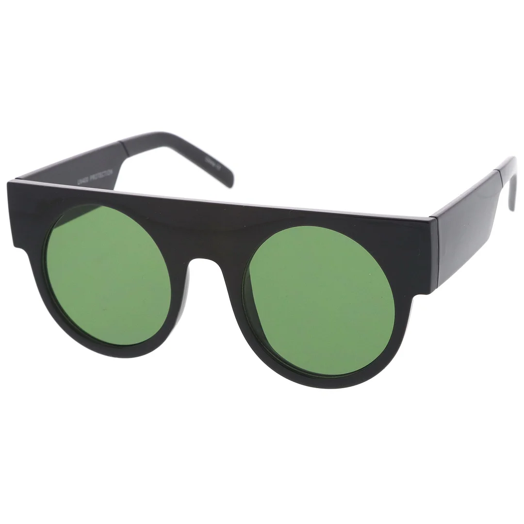 Futuristic Flat Top Wide Temple Flat Lens Round glasses 47mm