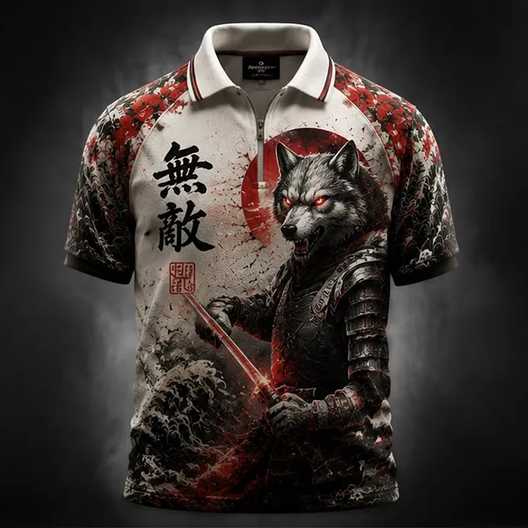Men's Japanese Wolf Art Printed Short Sleeve Polo Shirt