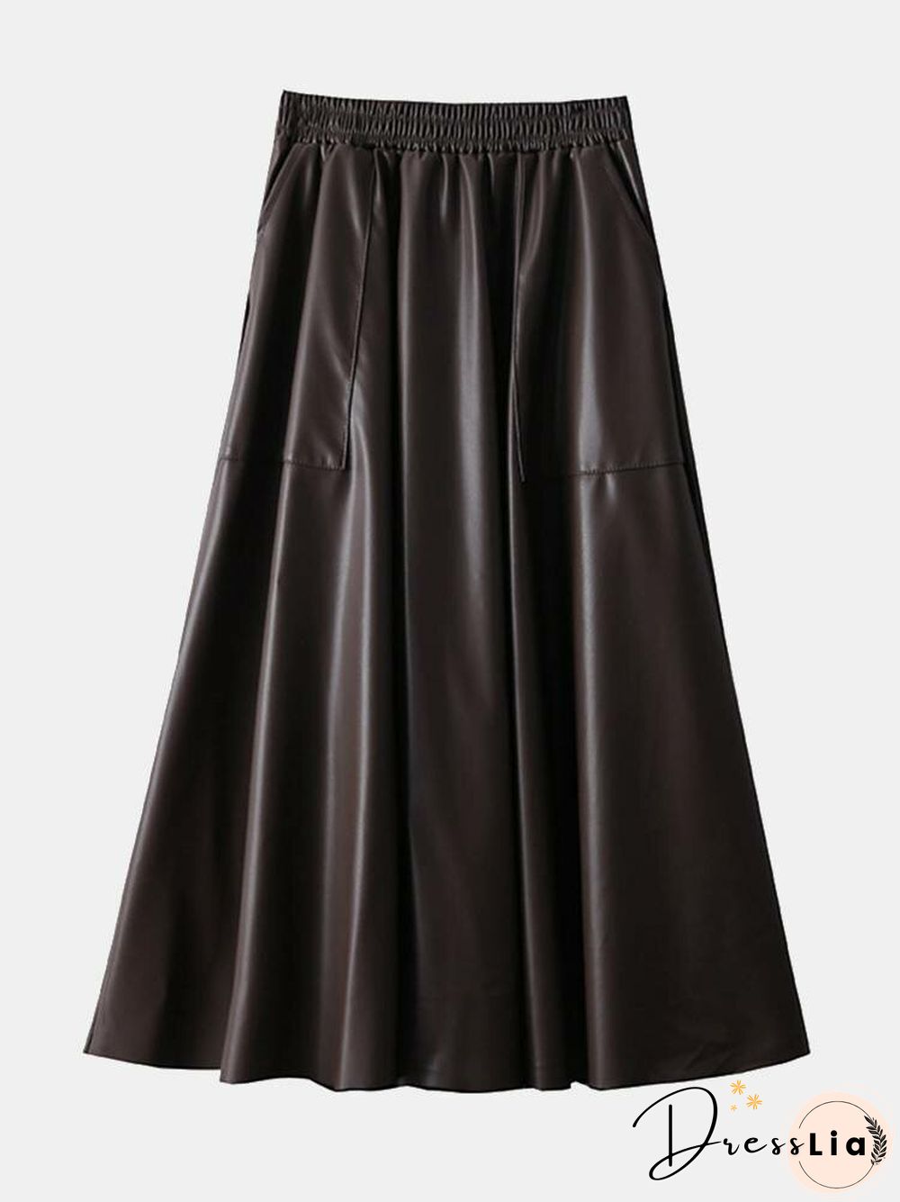 Solid A-line Pocket PU Leather Elastic Waist Skirt