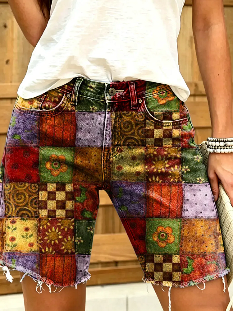 Women's Vintage Floral Print Denim Shorts