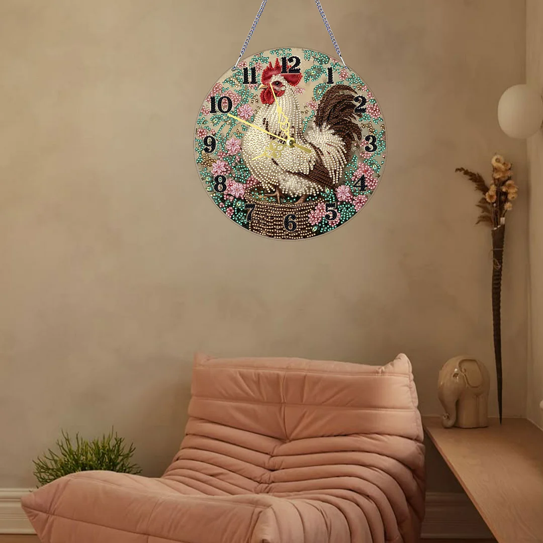 Rooster 2D Flat DIY Acrylic Diamonds Painting Clocks for Living Room Decoration