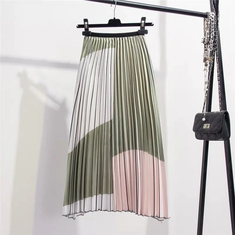 Marwin 2019 New-Coming Summer Contrast Color Splice Pleated Skirt Women Skirts High Street Style A-line Mid-Calf Fashion Skirts