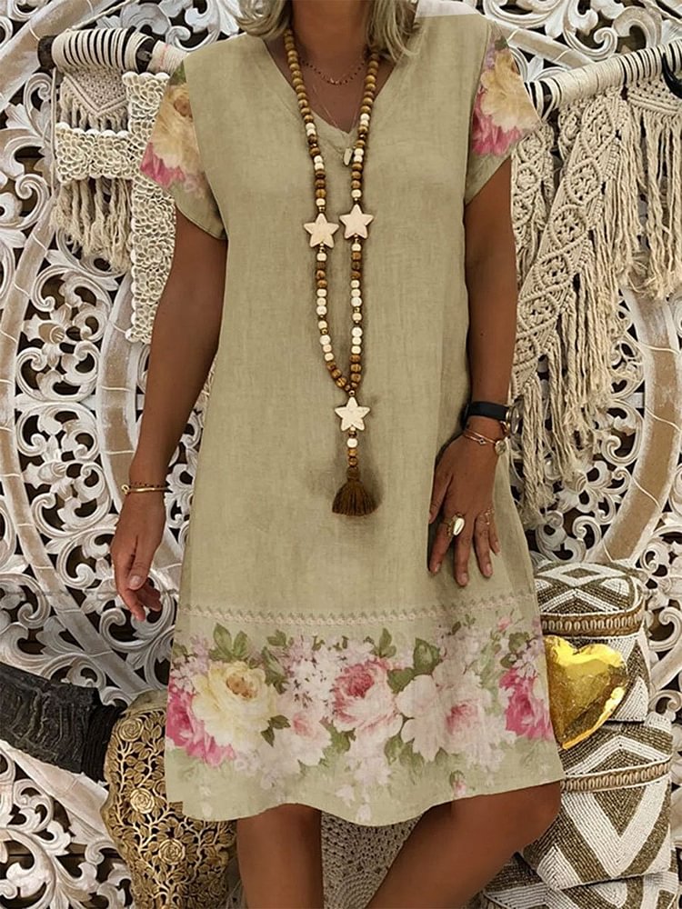 Resort Painting Floral-Print Cotton-Blend Short Sleeve Dresses-Mayoulove